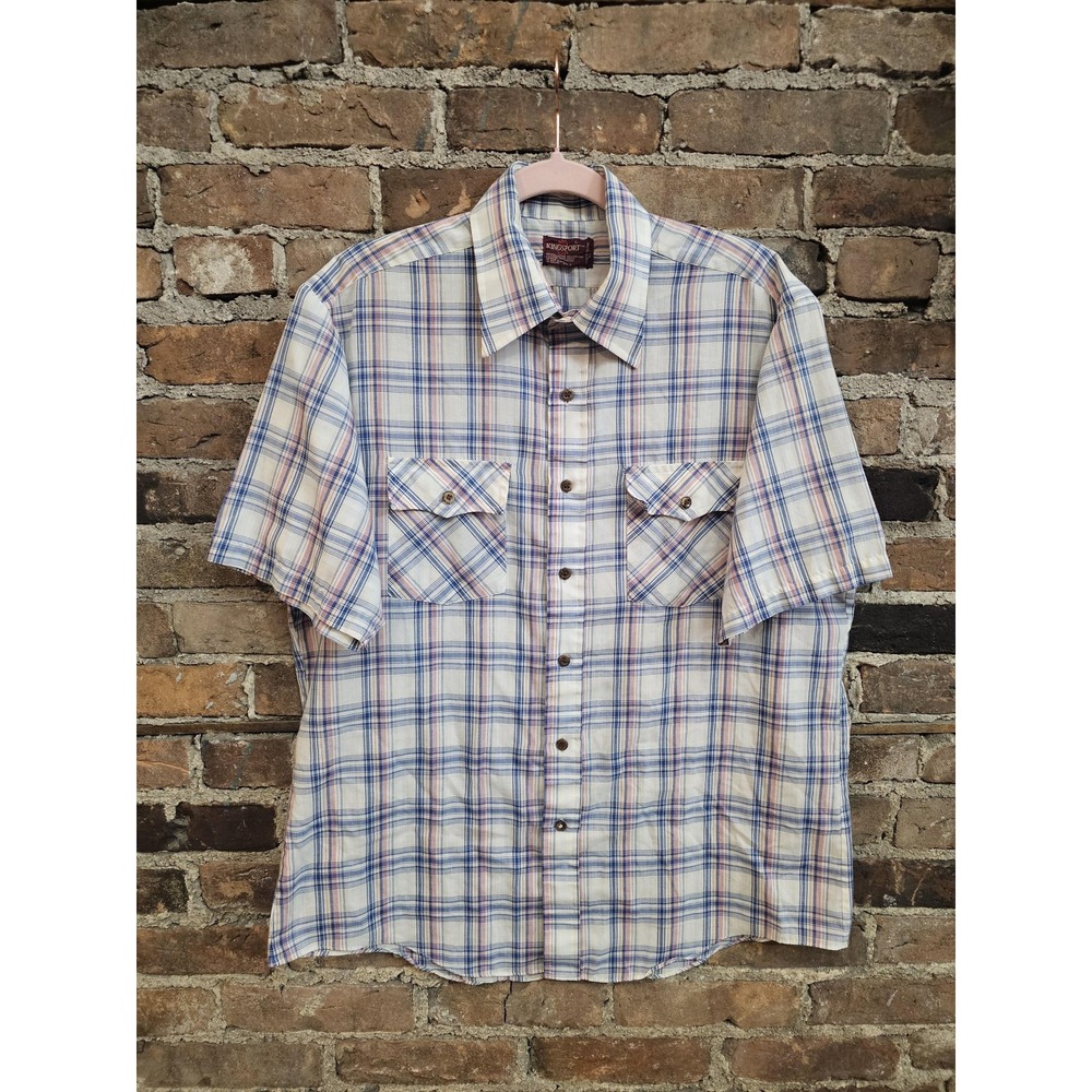 Vintage Kingsport Shirt Mens Large Blue Plaid Short Sleeve Button Up Casual‎